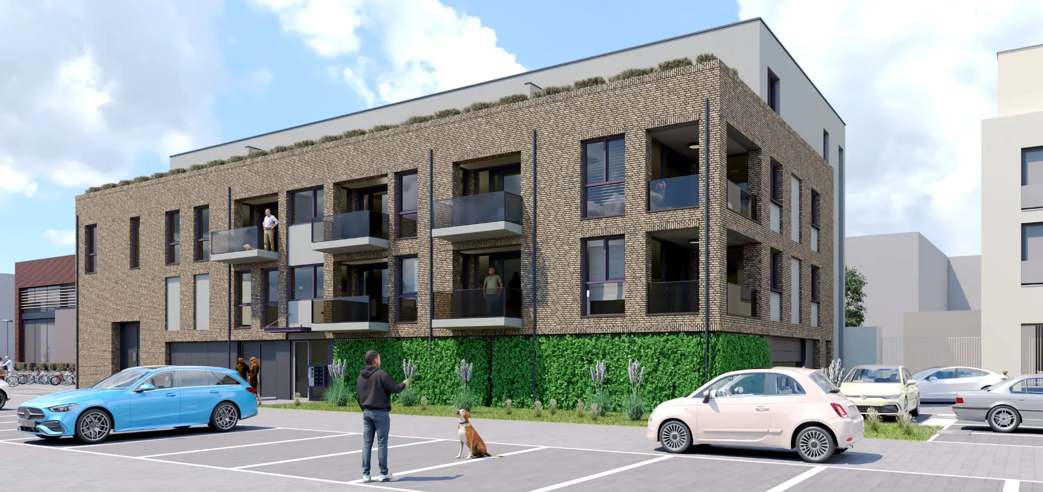 Impressie van het vooraanzicht van Appartementencomplex Koorstraat 69 met balkons en terrassen